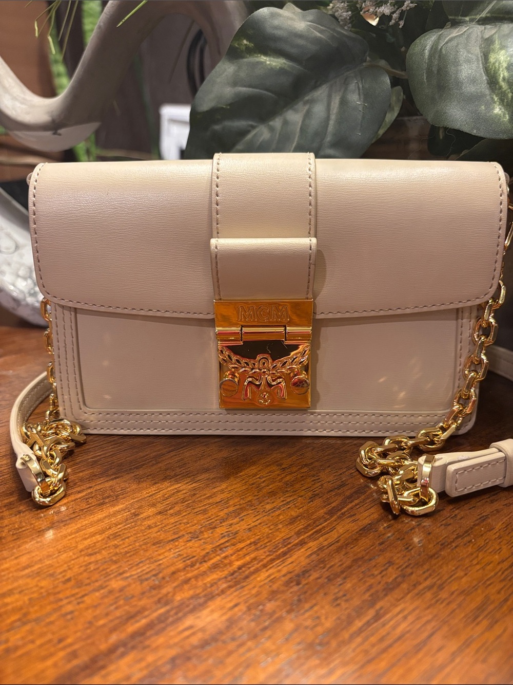 MCM Authentic Leather Chain Crossbody Bag – Ivory/Beige Gold Hardware + COA